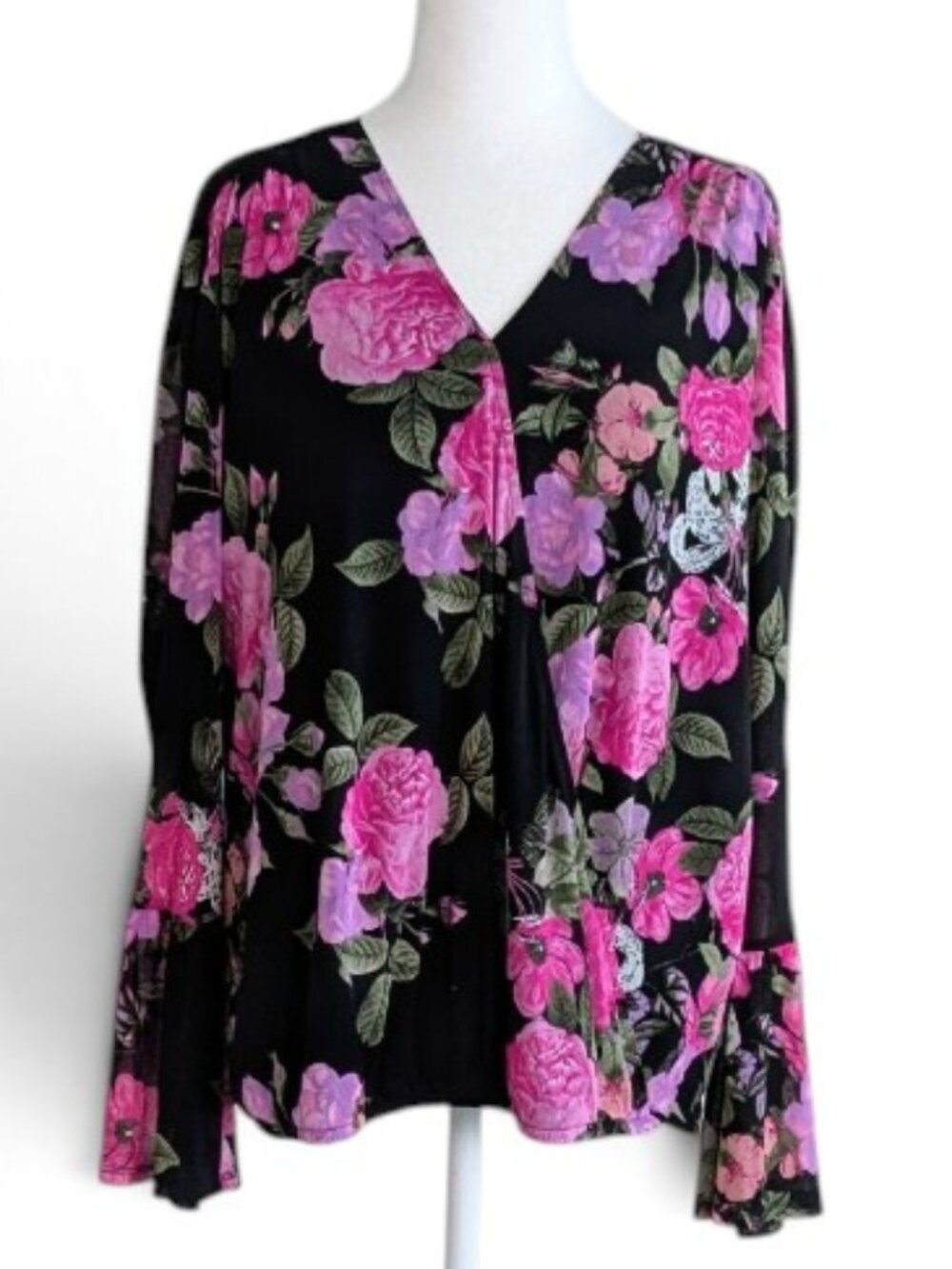 INC International Concepts Women's Long Sleeve Top Blouse Size XL Black Floral